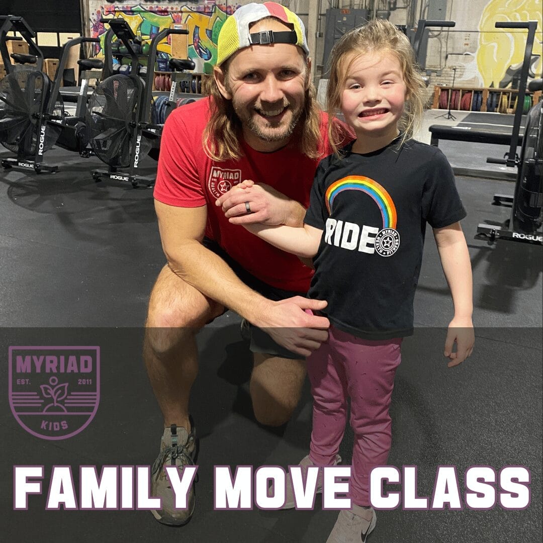 Jared Byczko and his daughter pose and smile after a Myriad Family MOVE Class