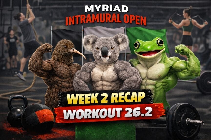 Myriad Intramural Open Week 2 recap graphic featuring team mascots—a kiwi bird, koala, and frog—in a CrossFit gym for Workout 26.2